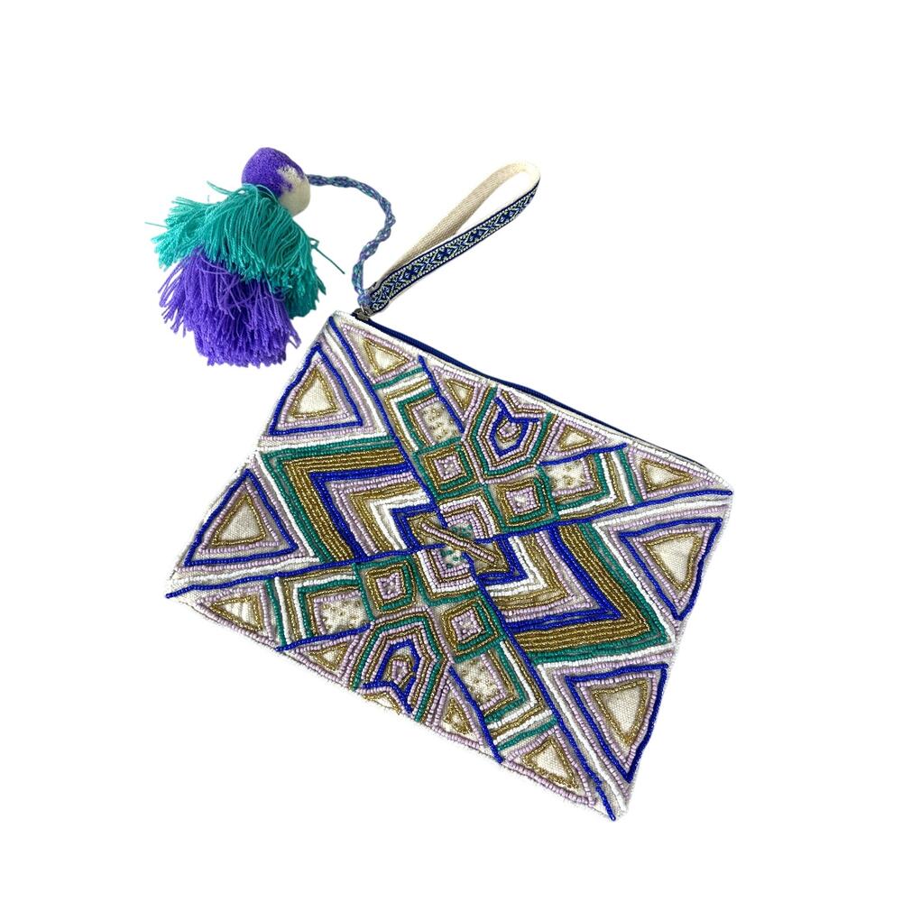 American & Beyond Womens Multicolor Beaded Embroidered Boho Zip Wristlet Bag